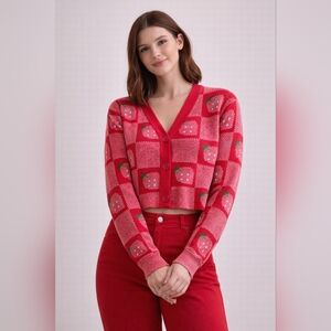 Cider Red Strawberry-Check V-Neck Button Cardigan